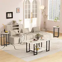 3 Pieces Living Room Table Set, Faux Marble Coffee Table with 2 Round End Side Tables, Coffee Table Set with Metal Frame 2