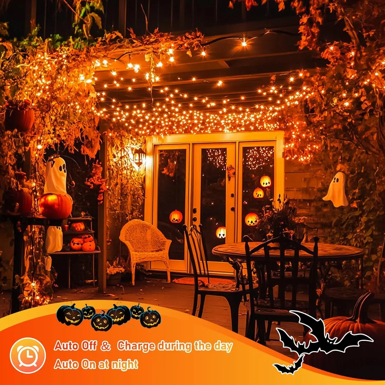 7M/12M/17M/22M Halloween Solar String Lights Outdoor Orange LED Copper Wire Fairy Lights 8 Modes IP65 Waterproof Party Decor