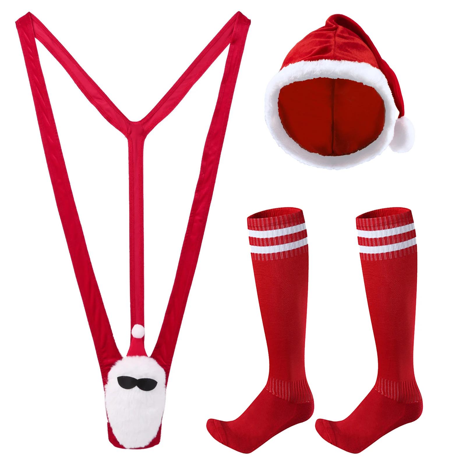 One-piece Lingerie Man Bodysuit Santa Christmas Men Sexy Underwear Fluff Mankini Hat Socks Set Penis Pouch Costume