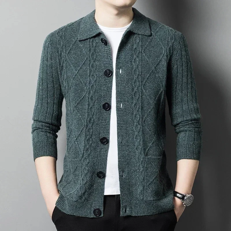 thumbnail image 1 of Cárdigan de lana 100 % para hombre, suéter informal de invierno con solapas gruesas y botonadura sencilla, chaqueta holgada para hombre, 1 of 4