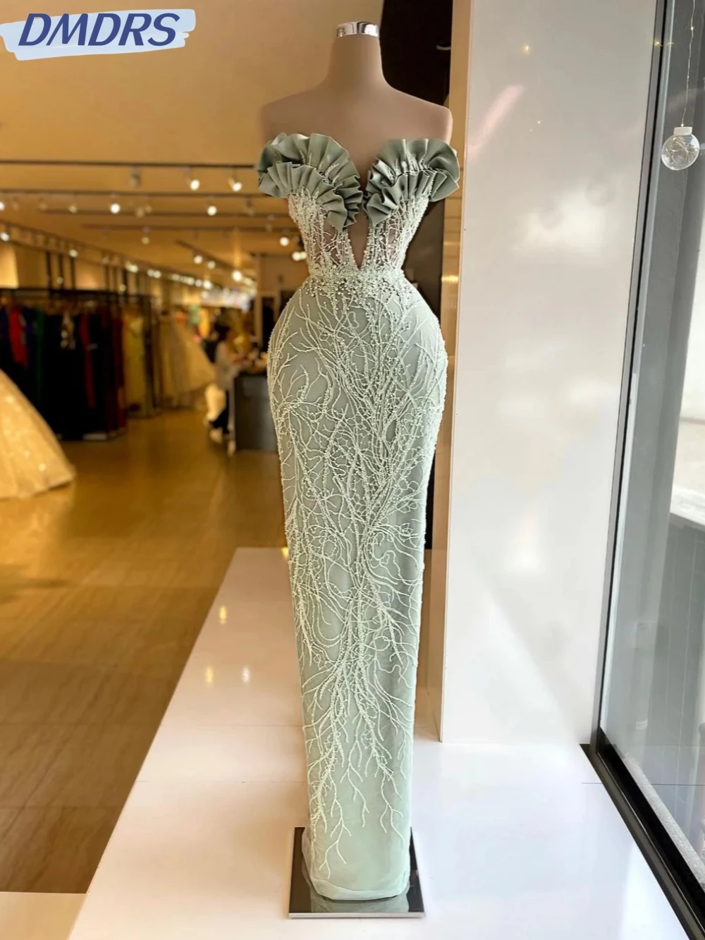 Sexy Lace Pearls Long Sleeve Evening Dress,DS4457