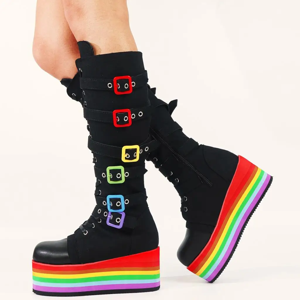 2022 Autumn Winter Sale Punk Halloween Witch Cosplay Platform High Wedges Heels Black Gothic Calf Boots Women Shoes Big Size 43 