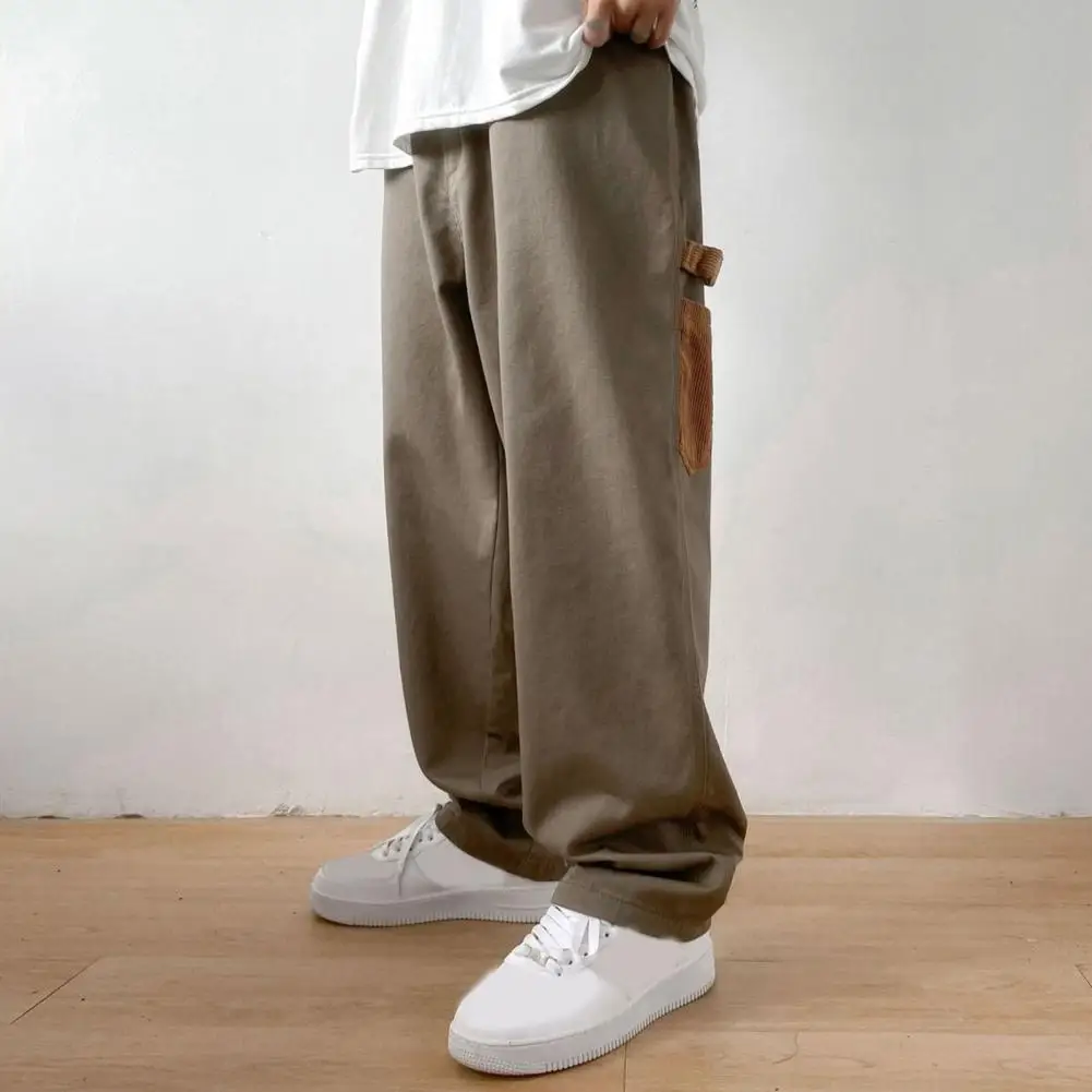 

Popular Male Cargo Pants Color Block Bottoms Straight Wide Leg Cargo Pants Skin-touch Men Trousers for School