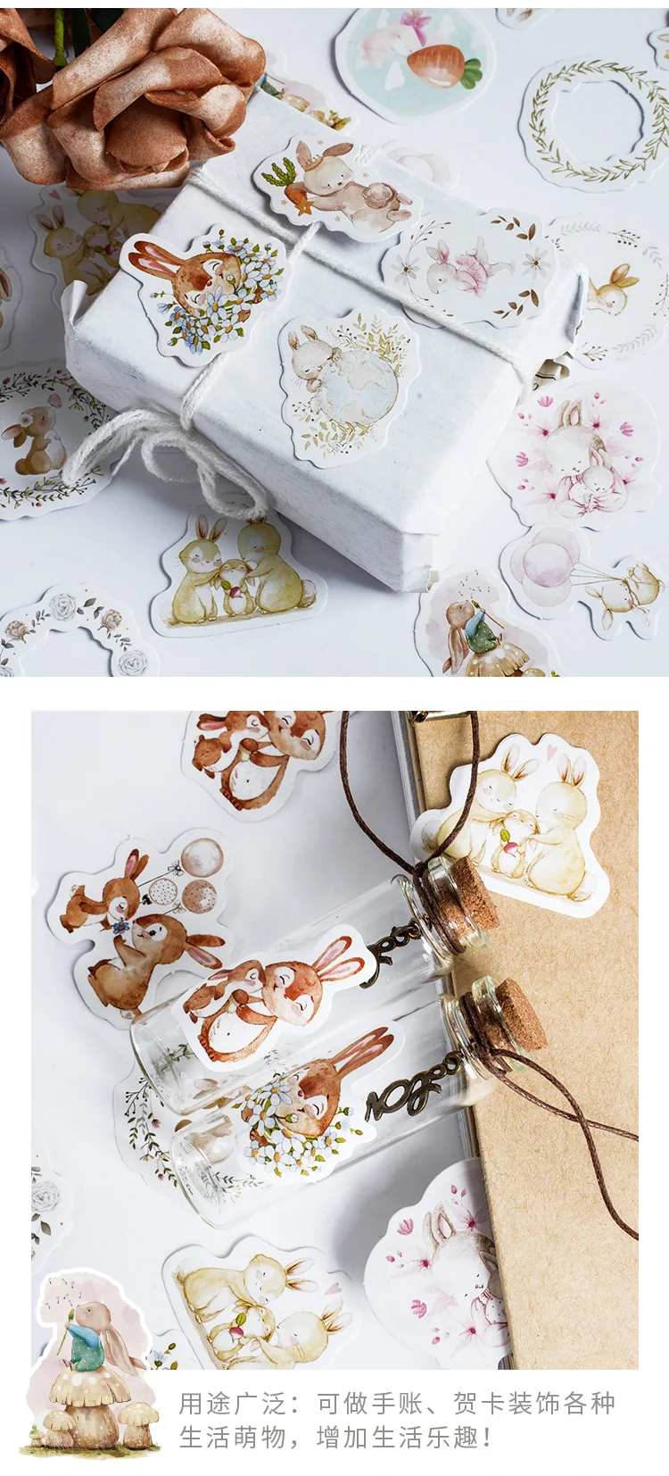 46Pcs Kawaii Rabbit Sketchbook Stickers Set Aesthetic Diary Decorations for Children Scrapbooking School Stationery Supplies Box