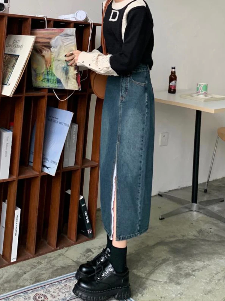 Vintage Washed Jean Skirts Women Korean Fashion High Waist Loose Slit Straight Long Skirt Female Summer New