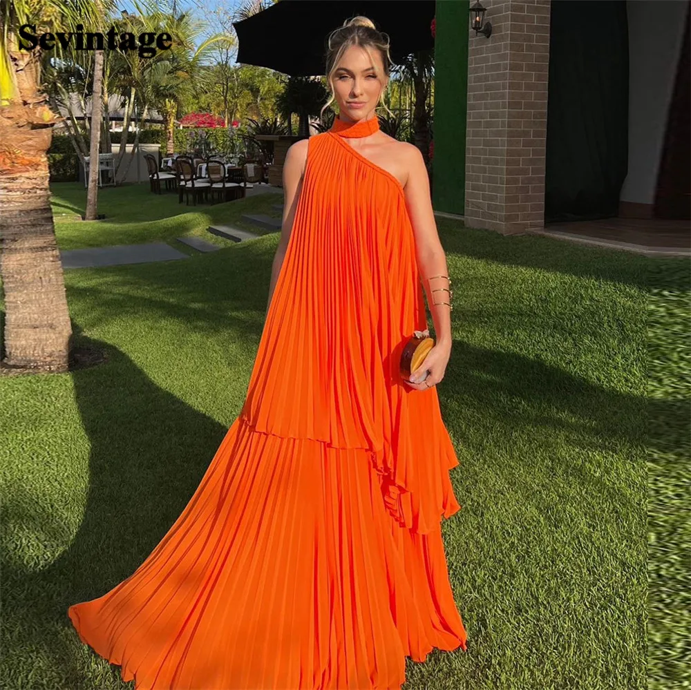 Modest Orange Chiffon Evening Dresses Halter Tiered Pleated Sleeveless Prom Dress Floor Length Vestidos De Gala
