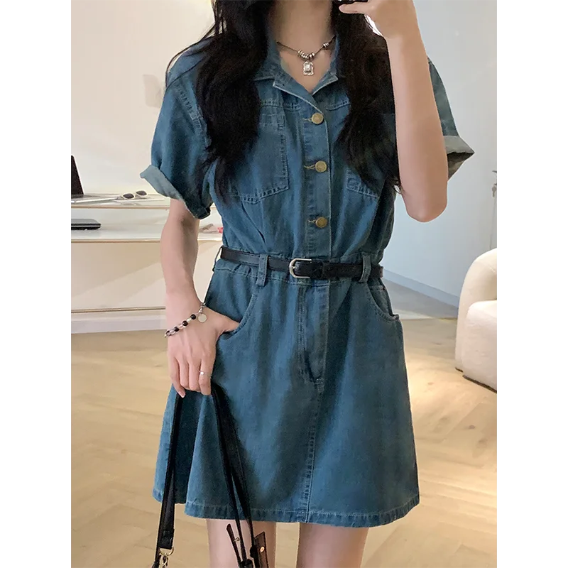 Denim Skirt Dress Women's Casual Blue 2023 New Spring/Summer Button Short Sleeve Mid length Dress