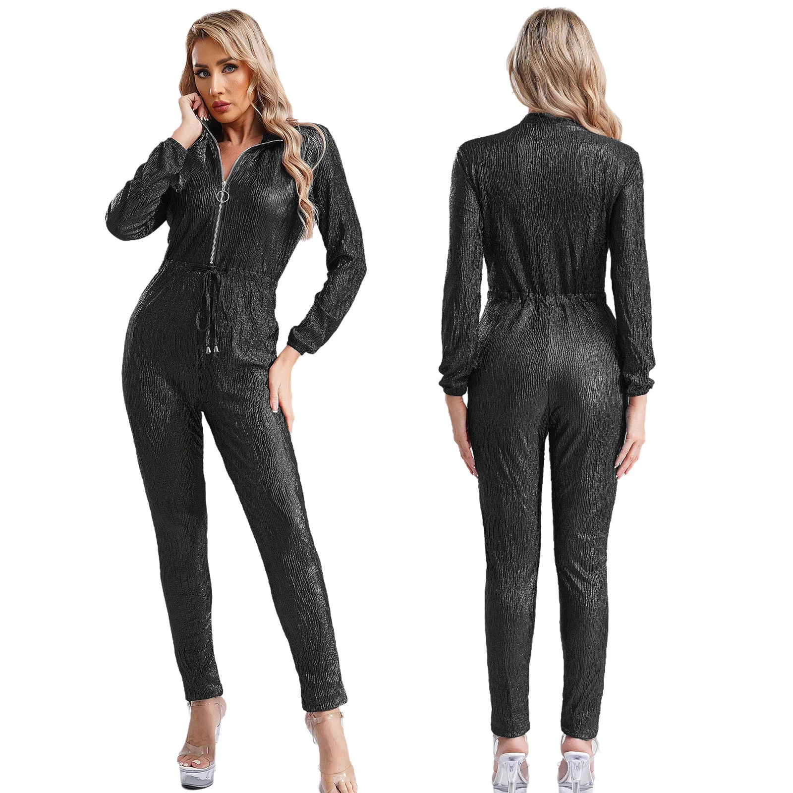 thumbnail image 1 of Mono metálico brillante para mujer, mono Disco Rave, ropa de discoteca de baile en barra, pantalones largos con cremallera frontal de manga larga, mono, 1 of 5
