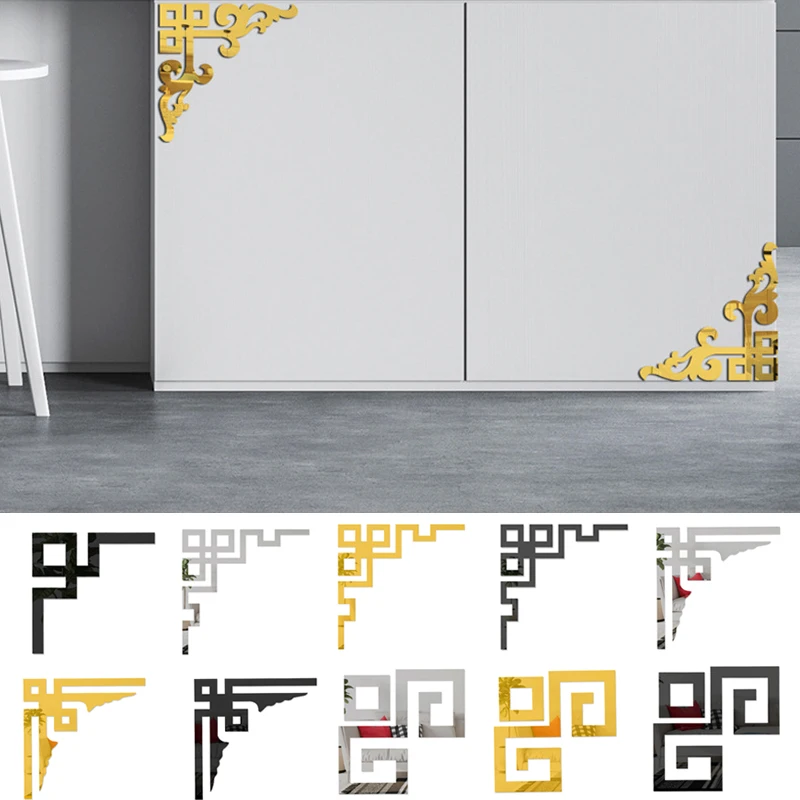 Furniture Decoration Mirror Sticker 3D Wallsticker Acrylic Self-adhesive Mirror Gold Sliver Sticker Cabinet Corner 4PCS wall sticker mirror wall sticker acrylic wall sticker