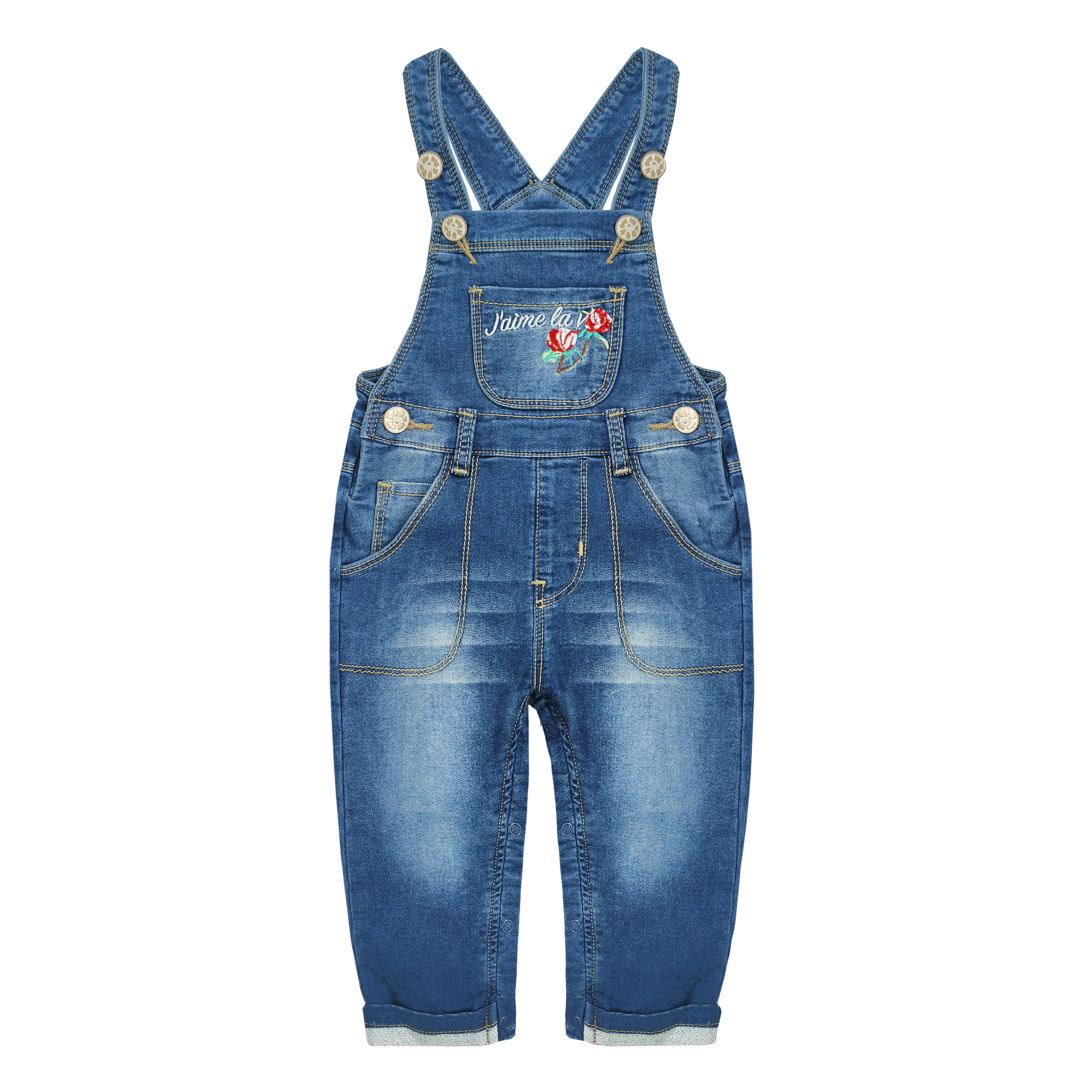 

KIDSCOOL SPACE Spring Autumn Baby Girls Easy Diaper Changing Snap Legs Flower Rose Embroidered Denim Jeans Overalls