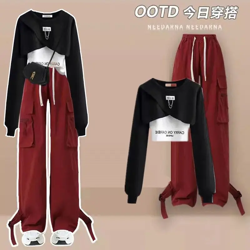 Spring and Autumn Work Style Set for Women's Korean Loose Design Top+suspender+Work Wide Leg Pants Three Piece Set