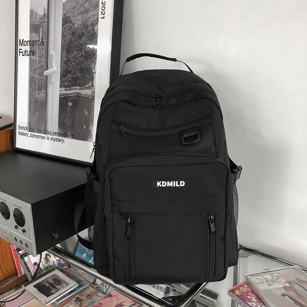 Simple And Fashionable Black College Style Multi-pocket Backpack