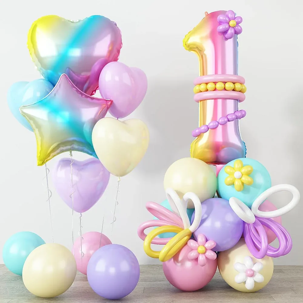 32 Zoll Regenbogen-Farbverlaufsballon mit herzförmigem und sternen Aluminiumfolienballon Pastellballon Geburtstag DIY Ballonständer – Detail 10