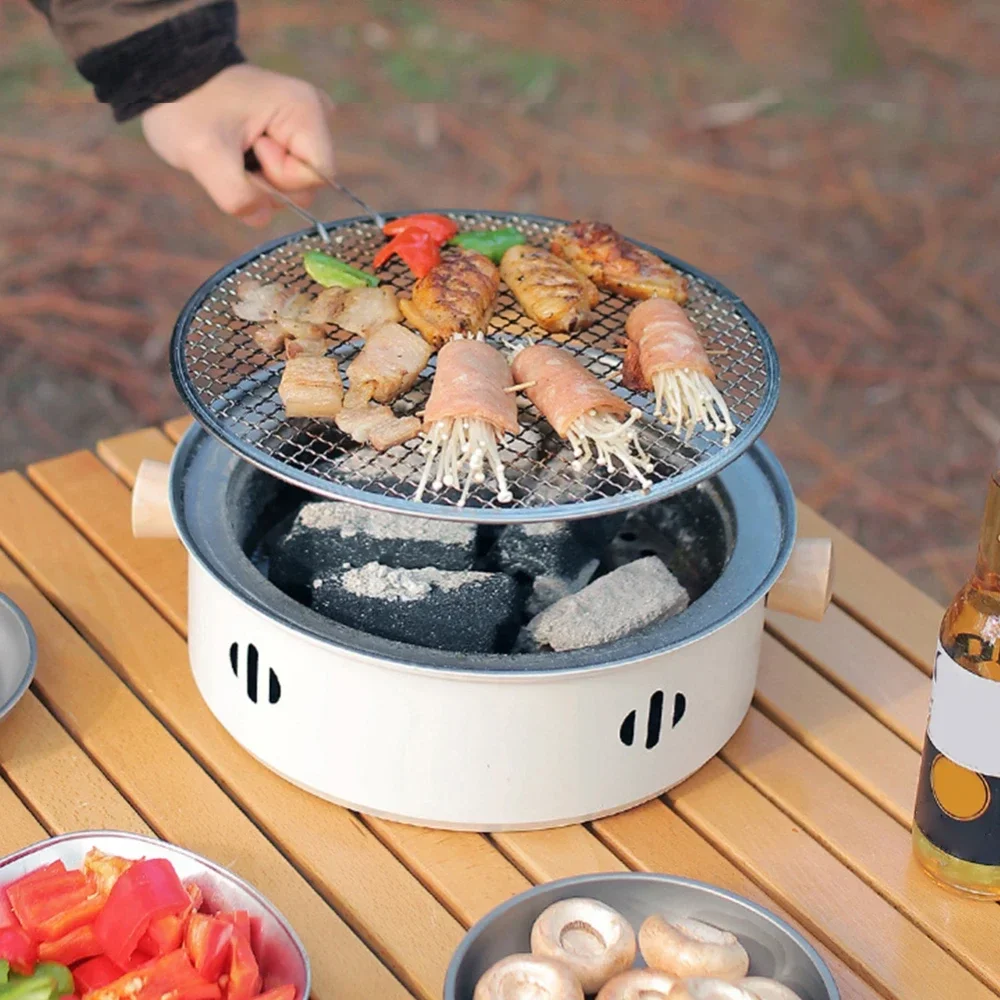 28cm(without Carbon)Portable Round Barbecue Stove with Wire Mesh Grill Non-Stick Baking Pan Tabletop Household Camping BBQ Tools barbecue grill barbecue stove barbecue charcoal stove