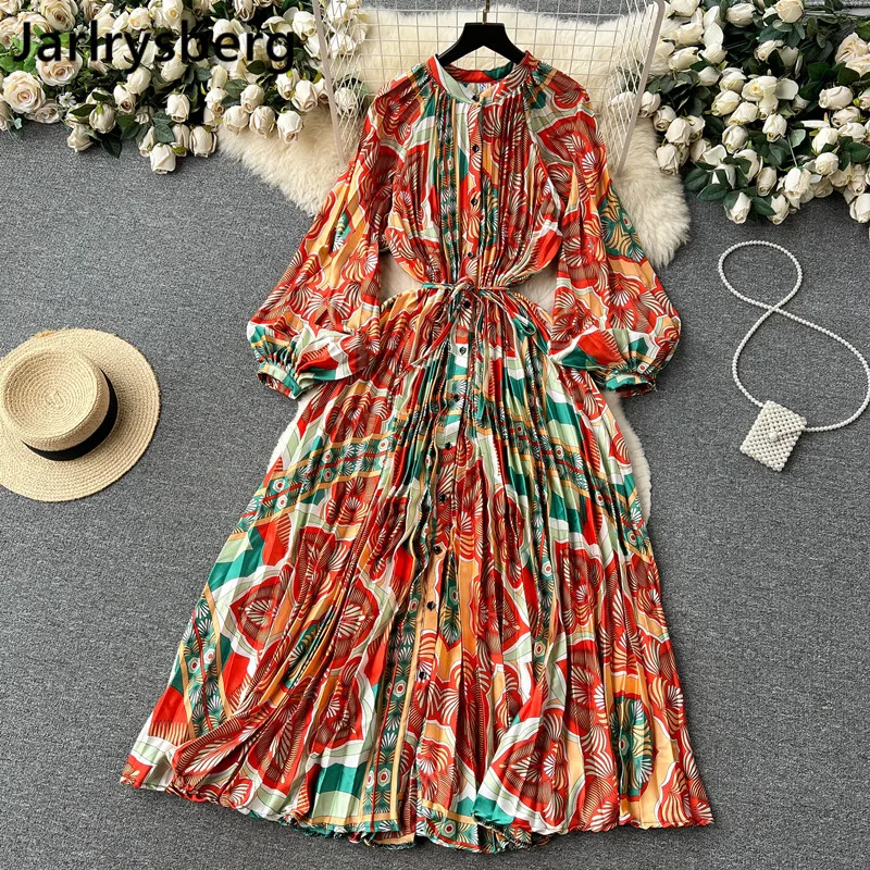 

Women's Retro Print Boho Dress Lantern Long Sleeve High Waist Midi Pleated Female Evening Dresses High Quality Summer 2022