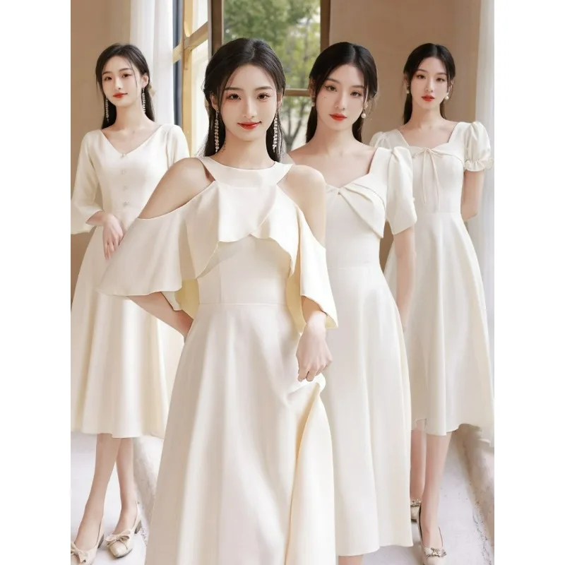 

Champagne Bridesmaid Long Satin Dresses Elegant Prom Gown Vestido De Festa Longo V-Neck Half Sleeve Formal Wedding Guest Gowns