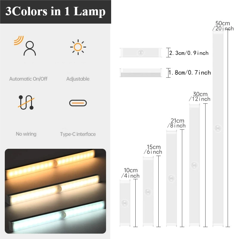 USB Type C Rechargeable Motion Sensor LED Bar Light Induction Night Light Portable for Kitchen Bedside Wardrobe Closet Aisle