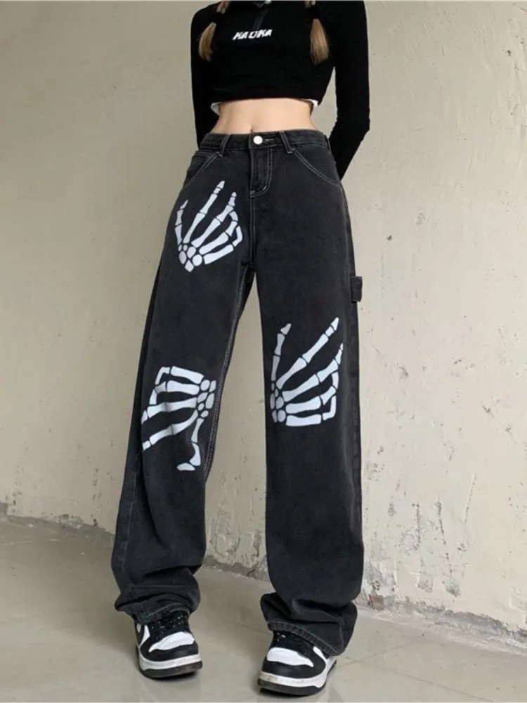 Women's Harajuku Gothic Jeans Vintage Skull Bone Print Casual Wide Leg