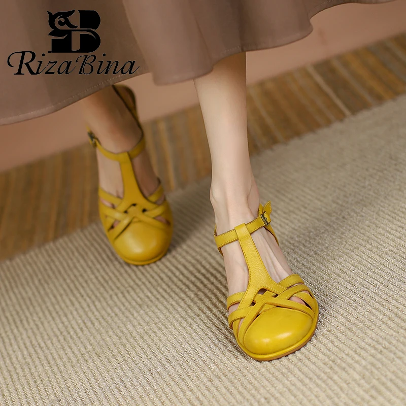 

RIZABINA Genuine Cow Leather Sandals Cylindrical Heels Women Gladiator Sandals Closed Toe Retro Roma Sandals T Strap 2023 Trend