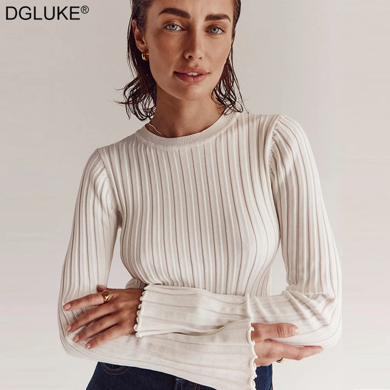 

Striped Knitted Sweater Women Crew Neck Flared Long Sleeve Top Autumn Winter Pullover Sweater Jumper