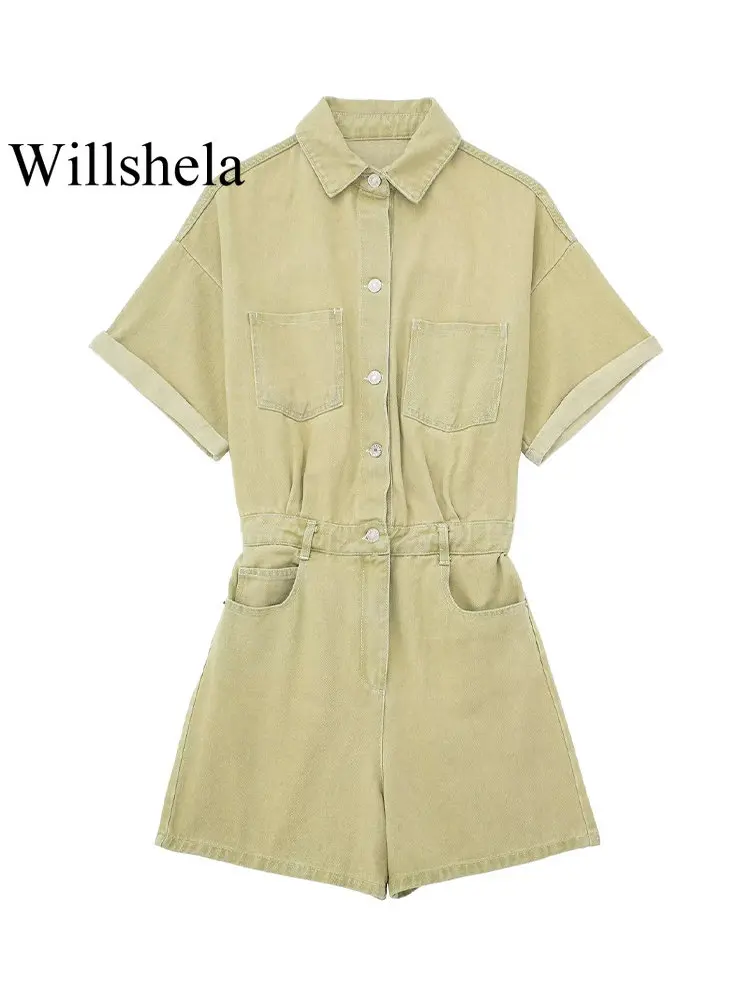 

Willshela Women Fashion With Pockets Yellow Single Breasted Cargo Playsuits Vintage Lapel Neck Short Sleeves Female Chic Romper