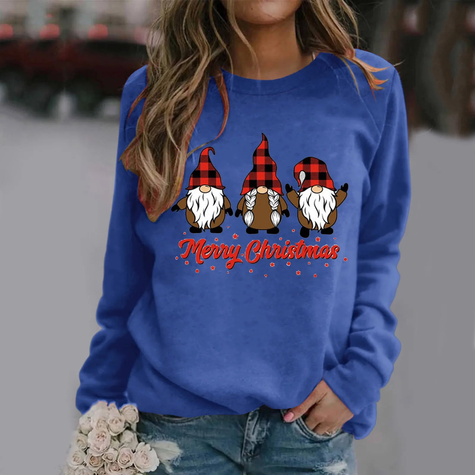 

Merry Christmas Print Hoodies For Womens Santa Hat Print Sweatshirt Round Neck Loose Fit Clothes Basic Pullover Top
