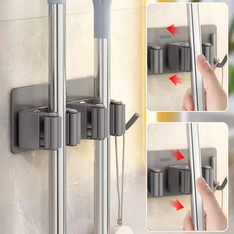 Mop Storage Rack Mop & Broom Holder Bathroom Organizer Home Storage Accessories Stainless Steel Wall Mounted Mop Holder Self-adhesive Broom Stand Hooks Sweeping Brush Rack