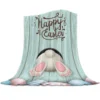 Happy Easter Flannel Throw Blanket Soft Warm Blanket, Bunny Tail Stripes Eggs Teal Wooden Grain Blankets for Bedroom Couch Sofa 1