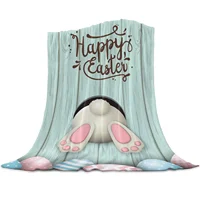 Happy Easter Flannel Throw Blanket Soft Warm Blanket, Bunny Tail Stripes Eggs Teal Wooden Grain Blankets for Bedroom Couch Sofa 1