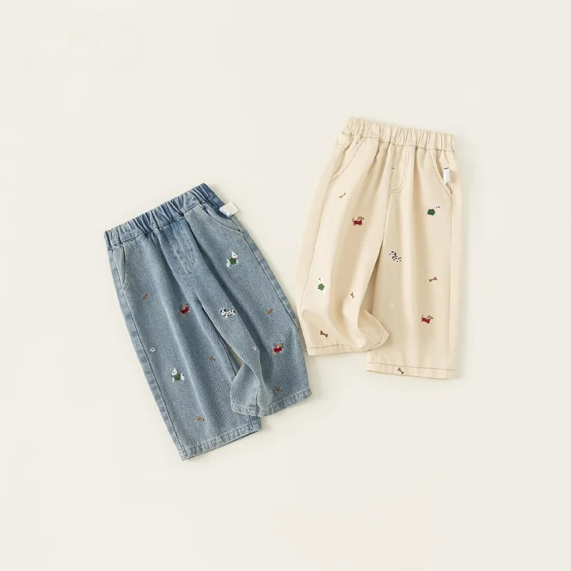 어린이 귀여운 자수 와이드 레그 팬츠  소녀용 청바지 여자아이용 청바지 롱 팬..