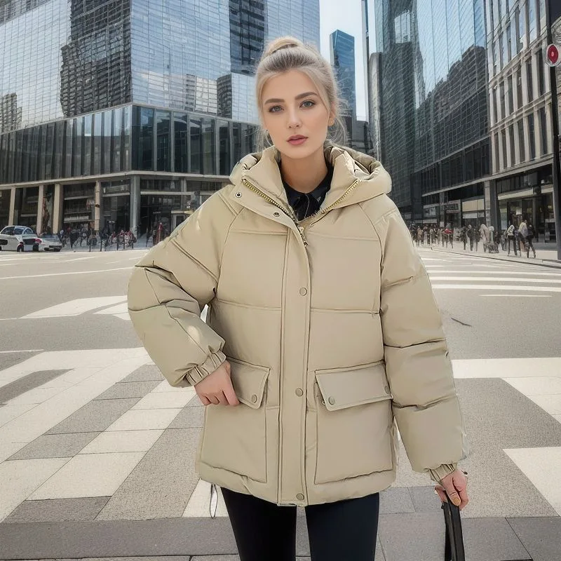 

Pockets Cotton Coat Parka Coat Thick Jacket Women Short 2023 Autumn Winter Warm Coats Woven Block Trend Hooded White Parkas
