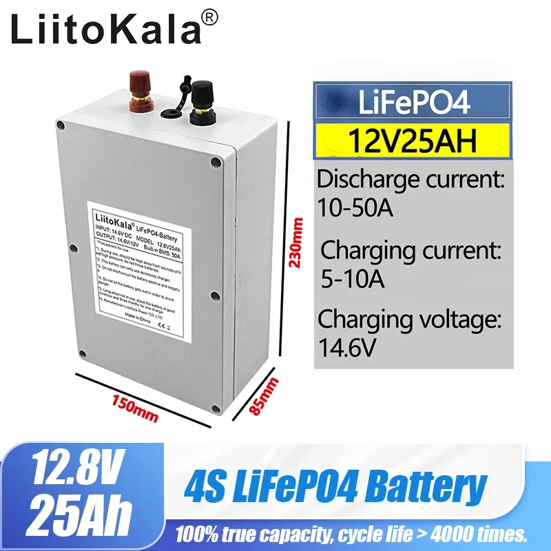 

LiitoKala 12V 25Ah LiFePO4 battery pack 12.8v battery 4S 50A balance BMS 12V for electric boat and UPS 12v battery