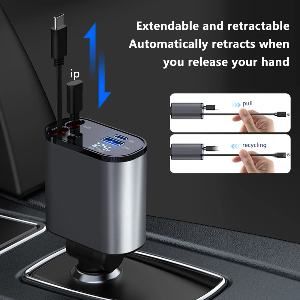 Car Charger 100W Scalable 4-in-1 USB C-Cable For IPhone Huawei Samsung