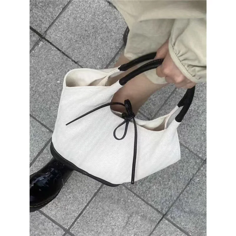 Vintage Black and White Stitching Canvas Tote Bag Large Capacity Casual Commuter Handbag Crossbody Bag for Women