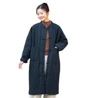 Women's Cotton and Linen Layering Chinese Style Buckle Mid-Length Cotton-Padded Coat Chinese Stand Collar Cotton-Padded Jacket