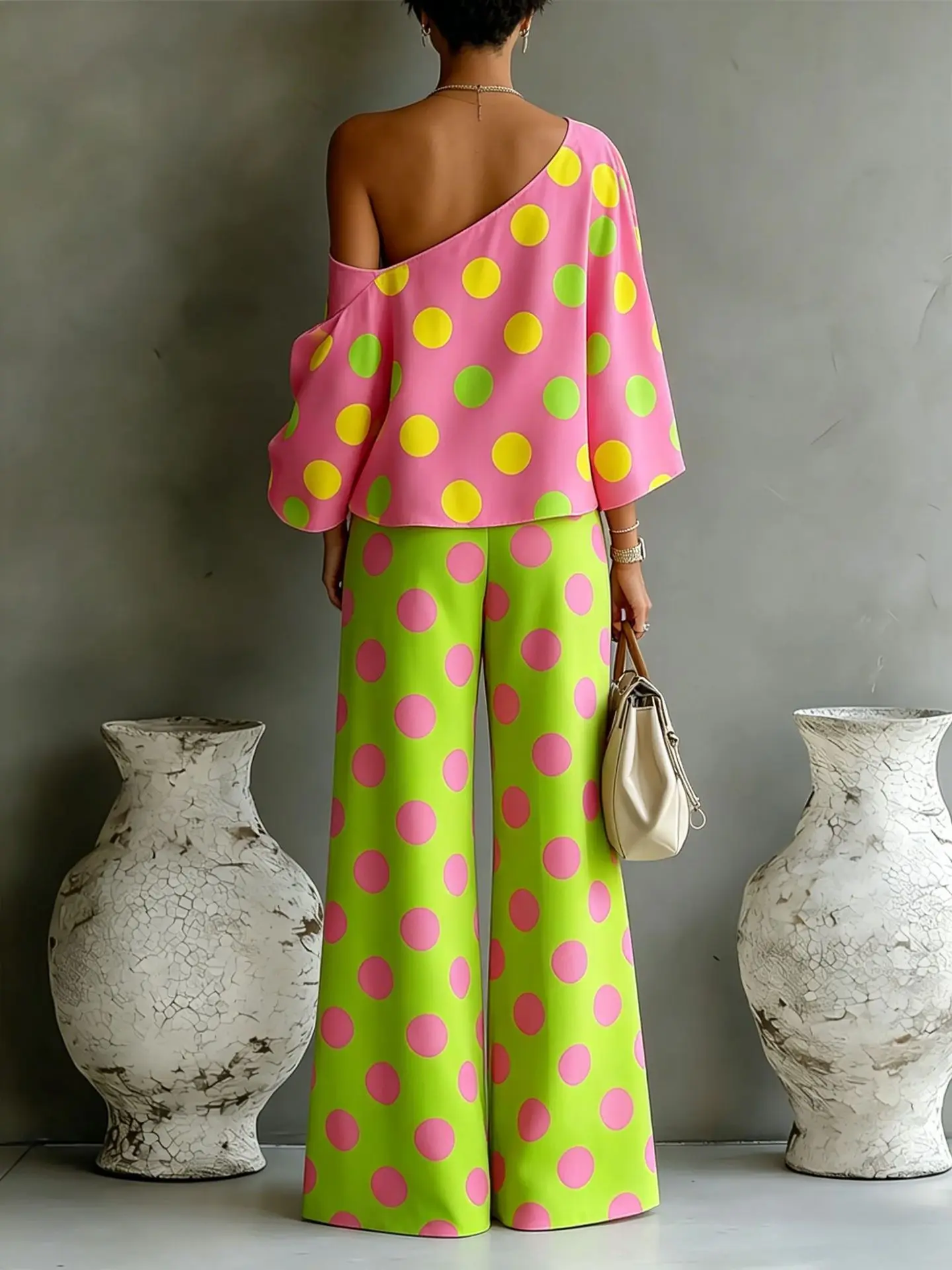 Summer New Color Wave Point Set Women Slant Shoulder Open Back Top+High Waist Wide Leg Pants Vacation Style Loose 2 Piece Suit 2