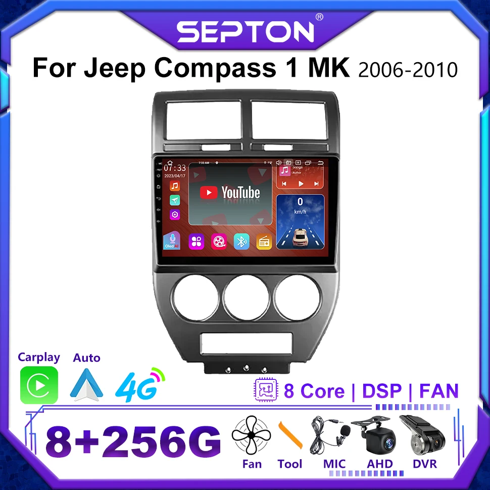 

SEPTON Android 12 Car Stereo Radio for Jeep Compass 1 MK 2006 - 2010 Navi GPS 2Din Multimedia Viedo Player CarPlay Head Unit