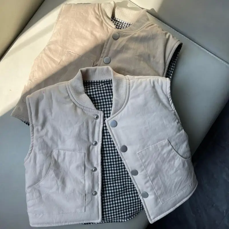 2025 Winter New Baby Sleeveless Warm Vest Infant Double Sided Plaid Jacket Children Casual Vest Coat Toddler Clothes