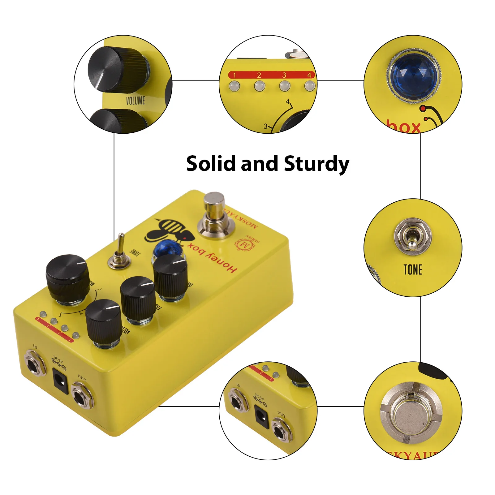 MOSKYAUDIO HONEY BOX DRIVE Guitar Overdrive Effect Pedal Volume/Drive/Focus/4Mode Knob 6.35mm Input/Output Interface True Bypass