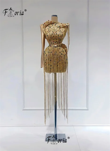 Haute Couture Heavy Beads Jewels Cocktail Dress with Long Tassels