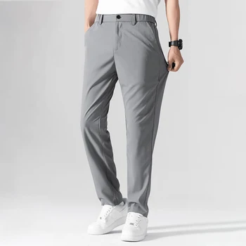 Pantaloni estivi in seta di ghiaccio da lavoro nuovi pantaloni dritti in vita elastica nera grigia pantaloni da abito casual semplici e traspiranti 1