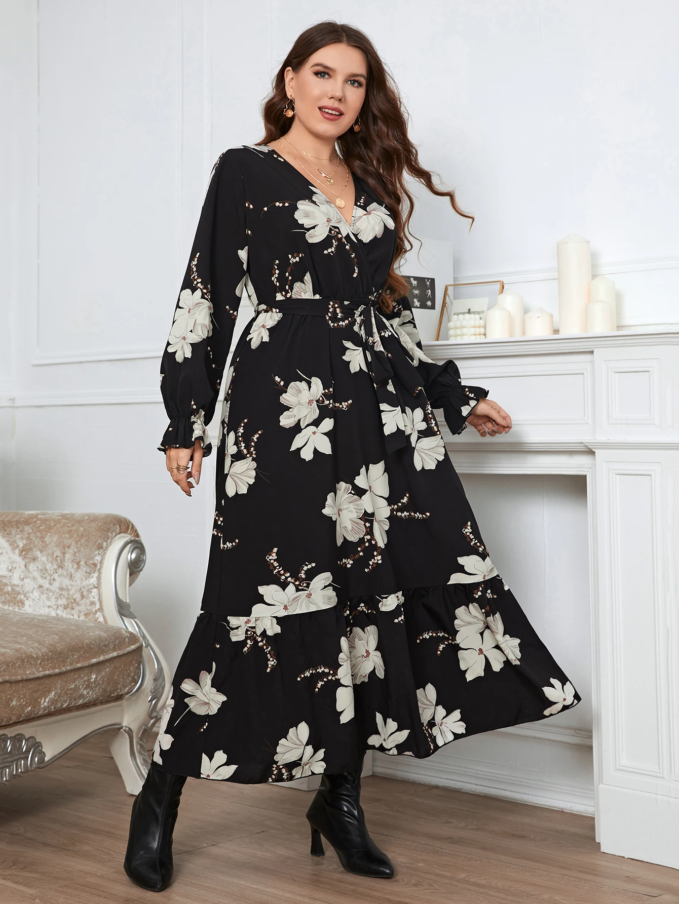KEBY ZJ Plus Size Women Clothing Puff Long Sleeve Maxi Dress Casual Black Printed Chiffon Spring Autumn Lady Elegant Party Dress