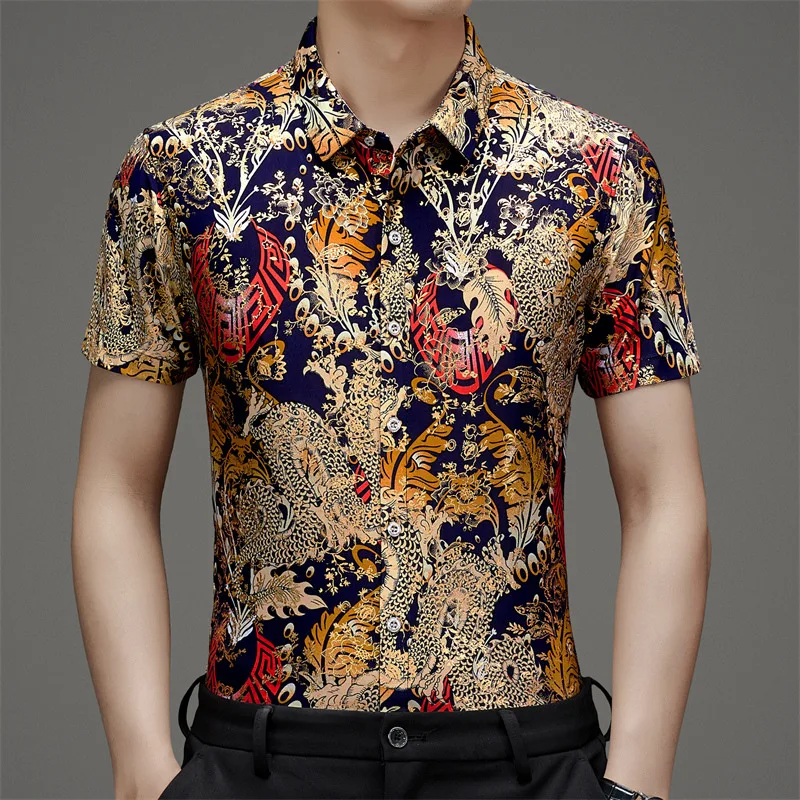

2024 Summer Short Sleeve Stretch Men's Floral Shirt Plus Size Ice Silk Bronzing Men's Dad Clothes Loose Shirt