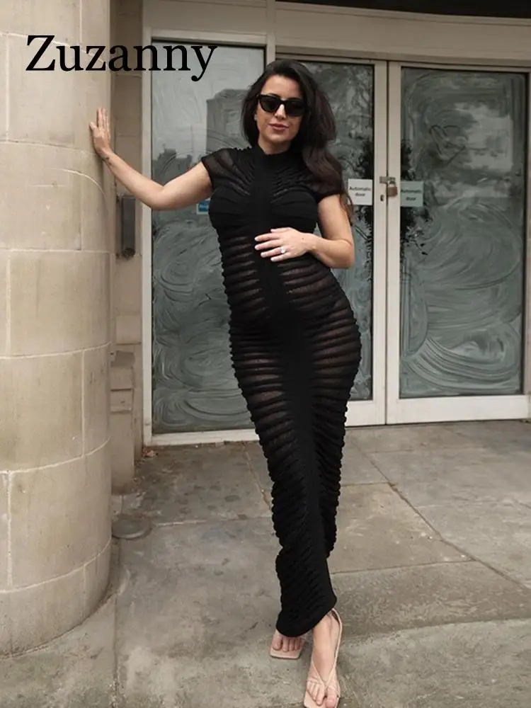 

Zuzanny See Through Knitted Sweater Long Dress Womens Elegant 2023 Autumn Winter Short Sleeve Bodycon Maxi Dresses Celebrity