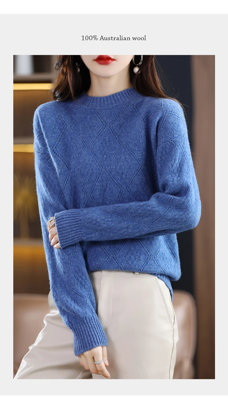 Autumn Winter 100% Merino Wool Women's Round neck Sweater Casual Diamond Hollow Knitwear Pullover New Embroidered Sweater Tops