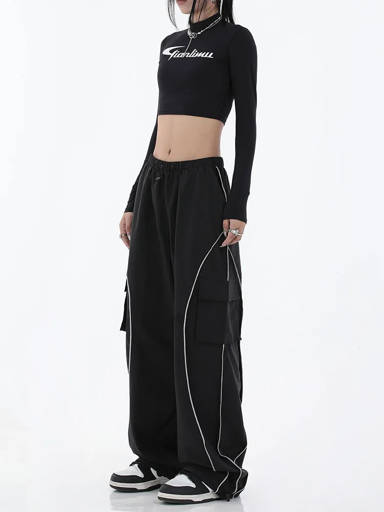 

Streetwear Casual Sweatpants Side Stripe Elastic Low Rise Straight Cargo Pants y2k Aesthetic Jogger Loose Trousers Women Basic