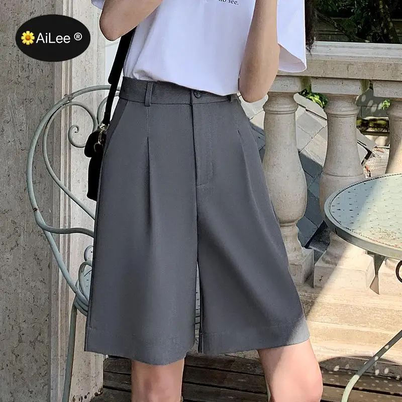 Suit Shorts Women Summer Button Knee Length Black Wide Leg Loose Drape Korean Style Shorts Womens Office BF Streetwear Simple