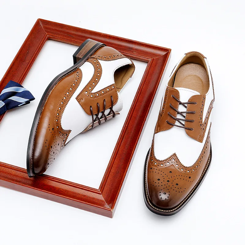 Formal Oxfords Shoes for Men White Black Real Cow Patent Leather Business Lace-up Wingtip Toe Brogue Wedding Mens Dress Shoes