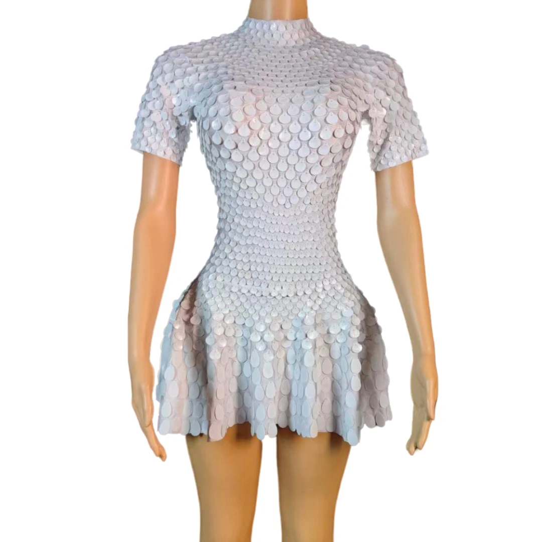 

White Sequin Short Sleeve Dress For Women Singer Dancer Drag Queen Outfit Wedding Party Birthday Stage Wear DJ DS Gogo Costume