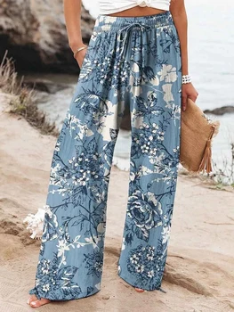 2025 New Women's Drawstring Relaxed-Fit Casual Pants 3D Floral Print Comfortable Breathable Fashionable Wide-Leg Pants 1